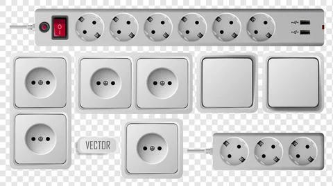 Socket, switch and extension vector outlet for electric plugs and electricity 스톡 일러스트