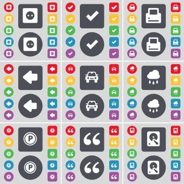 Socket, Tick, Printer, Arrow left, Car, Cloud, Parking, Quotation mark, Hard dri Stock Illustration