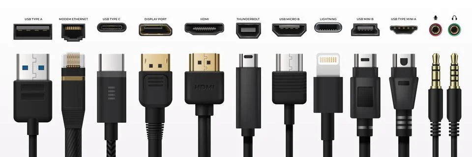 Socket usb plug in. Type-c port USB connector replacing type A micro and mini Stock Illustration
