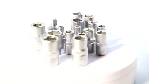 Socket wrench different sizes. Hex wrench used in construction and industry. Stock Footage 134588823