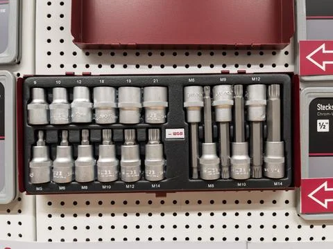 Socket Wrench Set with Various Sizes and Accessories Stock Photos