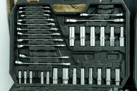 Socket wrench tool kit in plastic carrying case Stock Photos