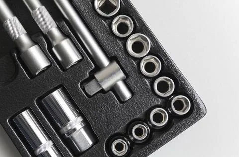 Socket wrench toolbox background. Industrial Socket Set inside Toolbox, Ratch Stock Photos
