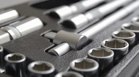 Socket wrench toolbox background. Industrial Socket Set inside Toolbox, Ratch Stock Photos