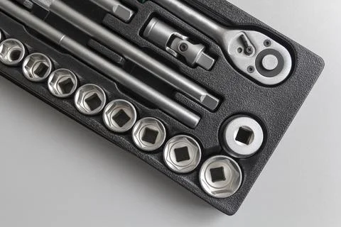 Socket wrench toolbox background. Industrial Socket Set inside Toolbox, Ratch Stock Photos