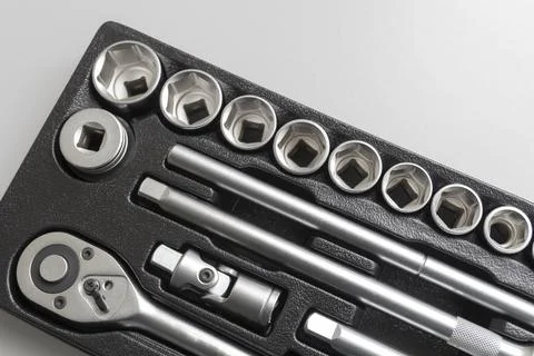 Socket wrench toolbox background. Industrial Socket Set inside Toolbox, Ratch Stock Photos