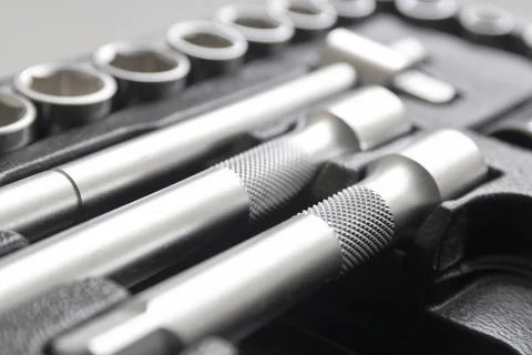 Socket wrench toolbox background. Industrial Socket Set inside Toolbox, Ratch Stock Photos