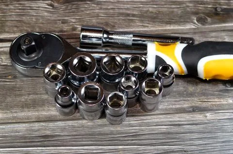 Socket wrench tools, hand tools set, various tools like ring spanners, comb.. Stock Photos