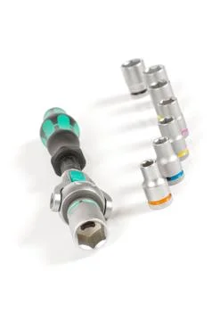 Socket wrench with various bits on the white background Stock Photos