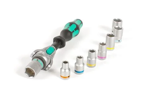 Socket wrench with various bits on the white background Stock Photos