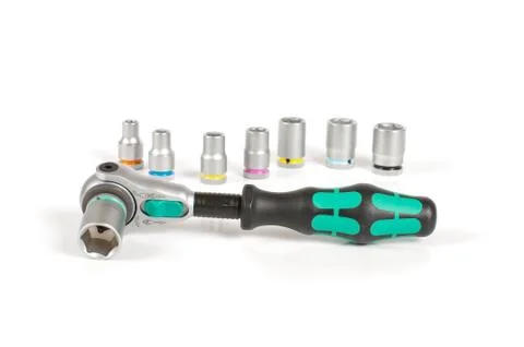 Socket wrench with various bits on the white background 스톡 사진