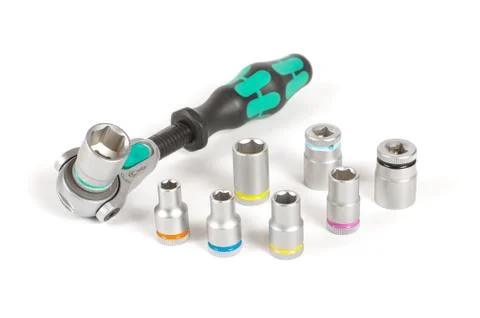 Socket wrench with various bits on the white background Stock Photos