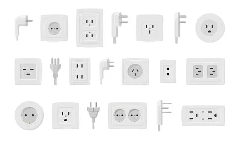 Sockets and plugs set. White electrical connectors and holes line connection Stock Illustration
