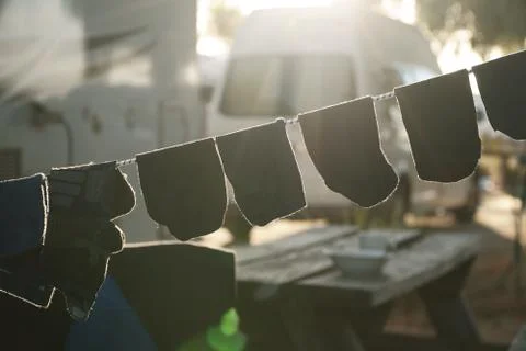 Socks drying in the sun on camping Stock Photos