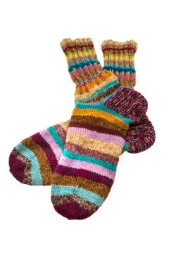 Socks knitted in stripes. Stock Photos