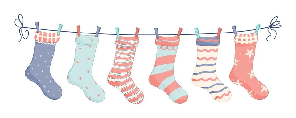 Socks with textures and patterns with colored clothespins. Vector illustratio Stockillustratie