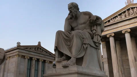 Socrates and Plato statues with Apollo statue behind them Stock Footage 137490666