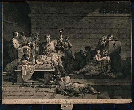 Socrates, preparing to kill himself, urges his grieving friends and student.. Stock Illustration