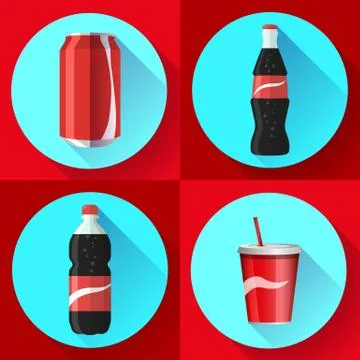 Soda bottle set with red lable flat vector icon set Illustrazione stock