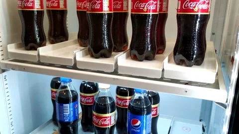 Soda bottles in smart fridge 스톡 동영상 229722273