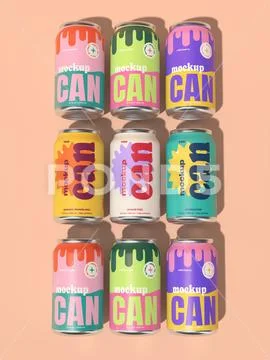 Soda Cans Flat Lay Grid Mockup PSD Template