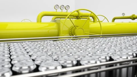 Soda production conveyor. Modern processing. UHD 4k video. Smooth panning shot Stock Footage 105850644