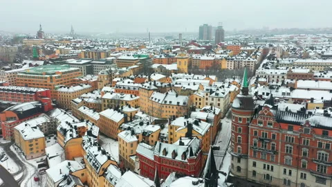 Sodermalm in Stockholm covered in snow, aerial drone view Stock Footage 149230997