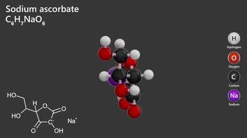 Sodium Ascorbate. E301. 3D model. C6H7NaO6. Gray background. 3D render Stock Footage 291274439