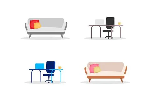 Sofa and computer table flat color vector objects set Stock Illustration