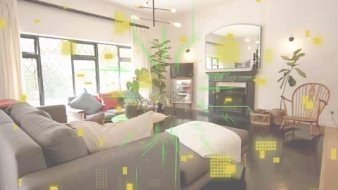 Sofa and ottoman anchoring frame, yellow dots sparking green grid sweeping over Stock Footage 332667023