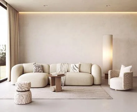 Sofa and patterned pouf in scandinavian minimalism living room mockup template 库存插图