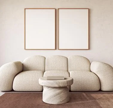 Sofa and picture frame mockup template in scandinavian living room with round Illustrazione stock
