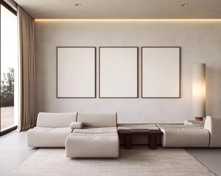 Sofa and picture frame mockup template in minimalism scandinavian living room Ilustração Stock