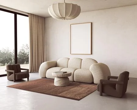 Sofa and picture frame mockup template in minimalism living room with round Illustrazione stock