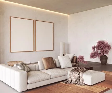 Sofa and picture frame mockup template in japandi minimalism living room with Illustrazione stock