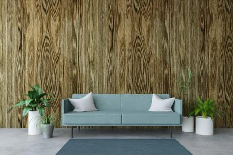 Sofa and plants near the wooden wall, 3D rendering Stock Photos