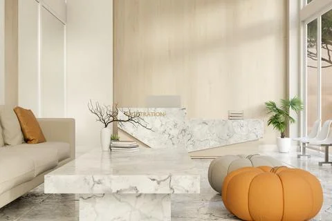 Sofa and pumpkin stool aside marble table across register counter and glass.. Stock Illustration