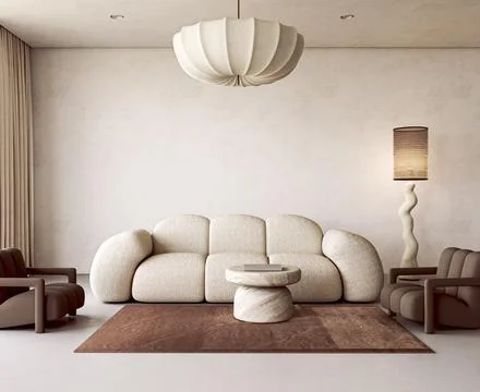 Sofa and round table in japandi living room mockup template with empty wall Illustrazione stock