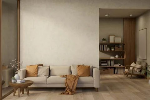 Sofa and side table on wooden parquet floor in a living room with bookshelf.. Stock Illustration
