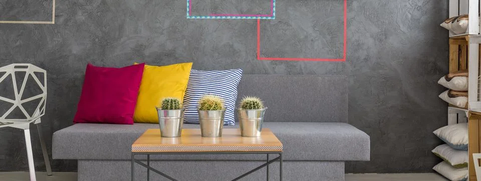 Sofa and table with cactuses Stock Photos