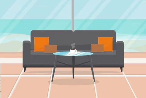 A sofa and a table with a cup of coffee stands in a room overlooking the sea Stock-Illustration