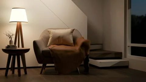 Sofa armchair and table under lamp light aside wall and stairs on parquet f.. Stock Illustration