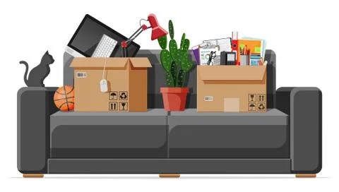 Sofa with cardboard boxes with household items Stock Illustration