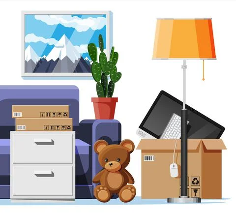 Sofa with cardboard boxes with household items Stock Illustration