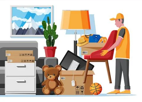 Sofa with cardboard boxes with household items Stock Illustration