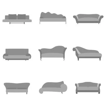 Sofa cartoon collection in flat style. Gray couch set in front view for interior Stock Illustration