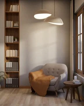 Sofa chair with blanket and side table under ceiling lamps aside bookshelf .. Ilustración de archivo
