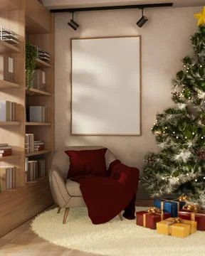 Sofa chair under blank frame and Christmas tree with present gift box on fl.. Stock Illustration