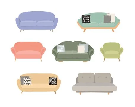 Sofa colored vector set. Comfortable couch collection isolated on white Stock Illustration