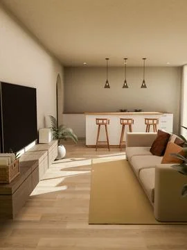 Sofa couch across TV and dining counter table with sunlight through window .. 스톡 일러스트